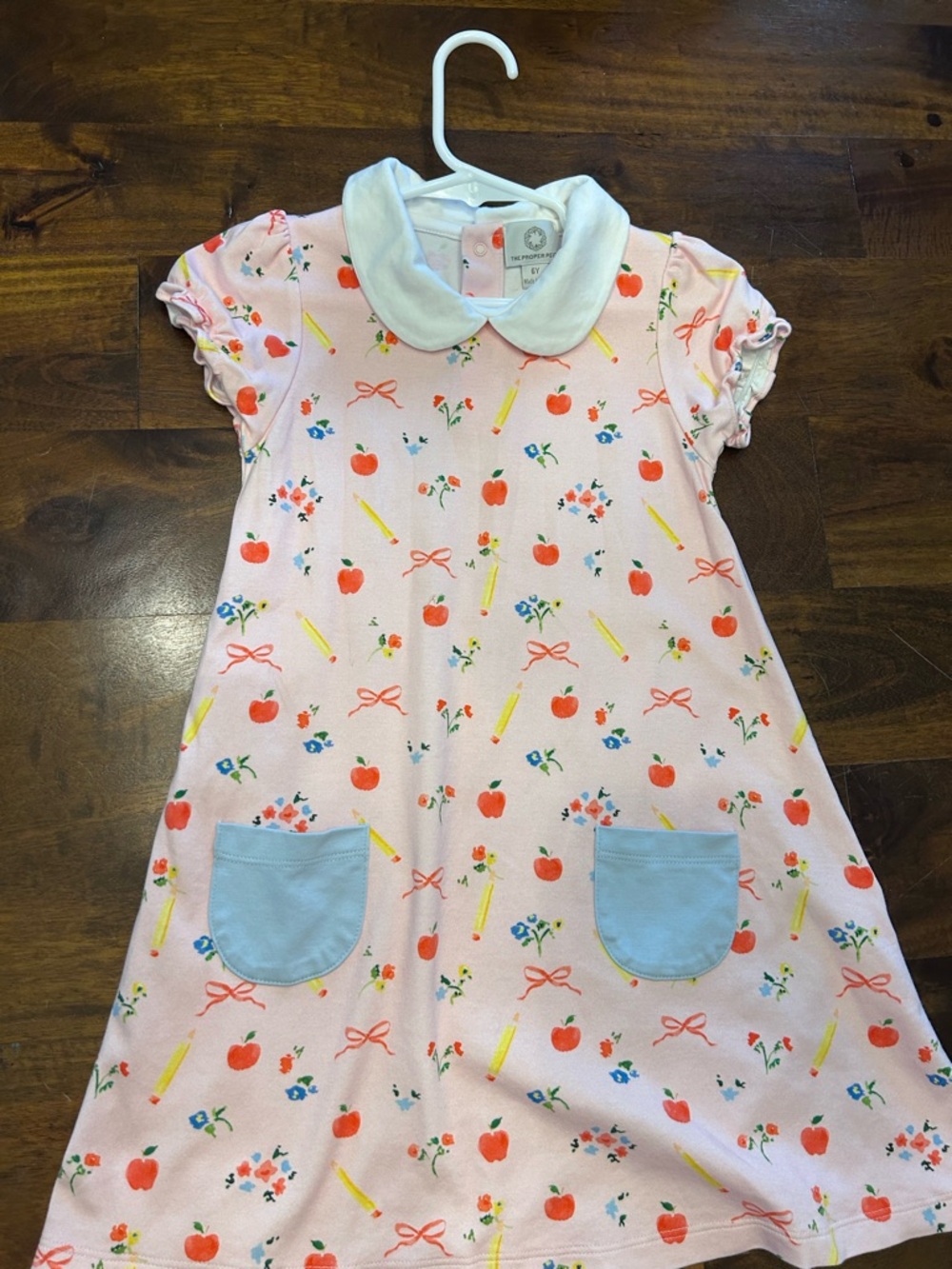 Girls Pink Apple Print Casual Dress with White Peter Pan Collar